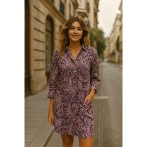 LAUREN Ralph Lauren Purple Paisley Print Button Down Shirt Dress‎ Size L